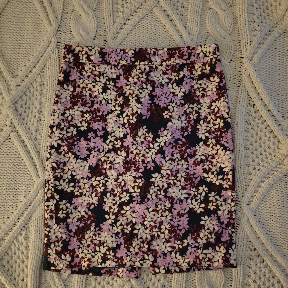 J Crew Navy Pencil Skirt with Pink, Burgandy, and Cream Floral Print